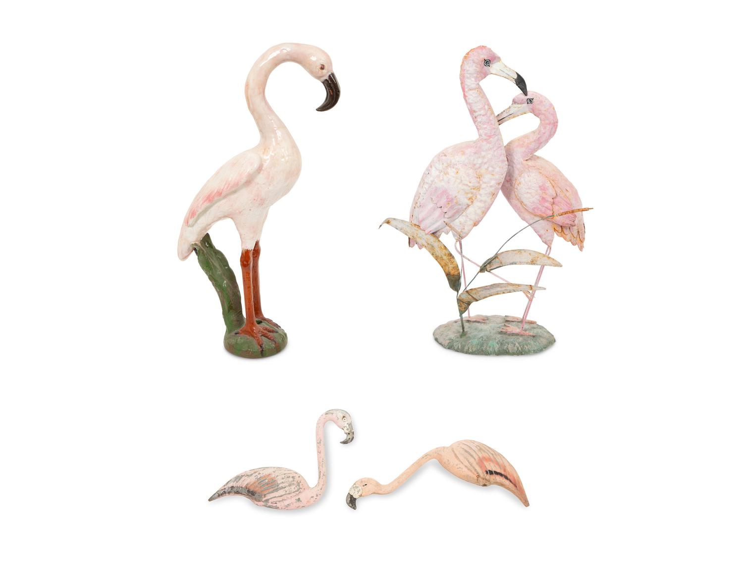 A Tole Peint Model of Two Flamingos and a Glazed Earthenware Model of a Flamingo