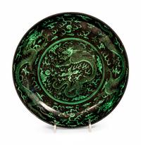 A Chinese Green Enameled Black Ground Porcelain 'Dragon' Plate