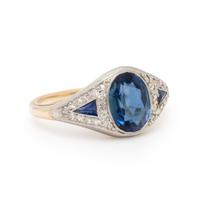 SYNTHETIC SAPPHIRE, DIAMOND, AND BICOLOR GOLD RING