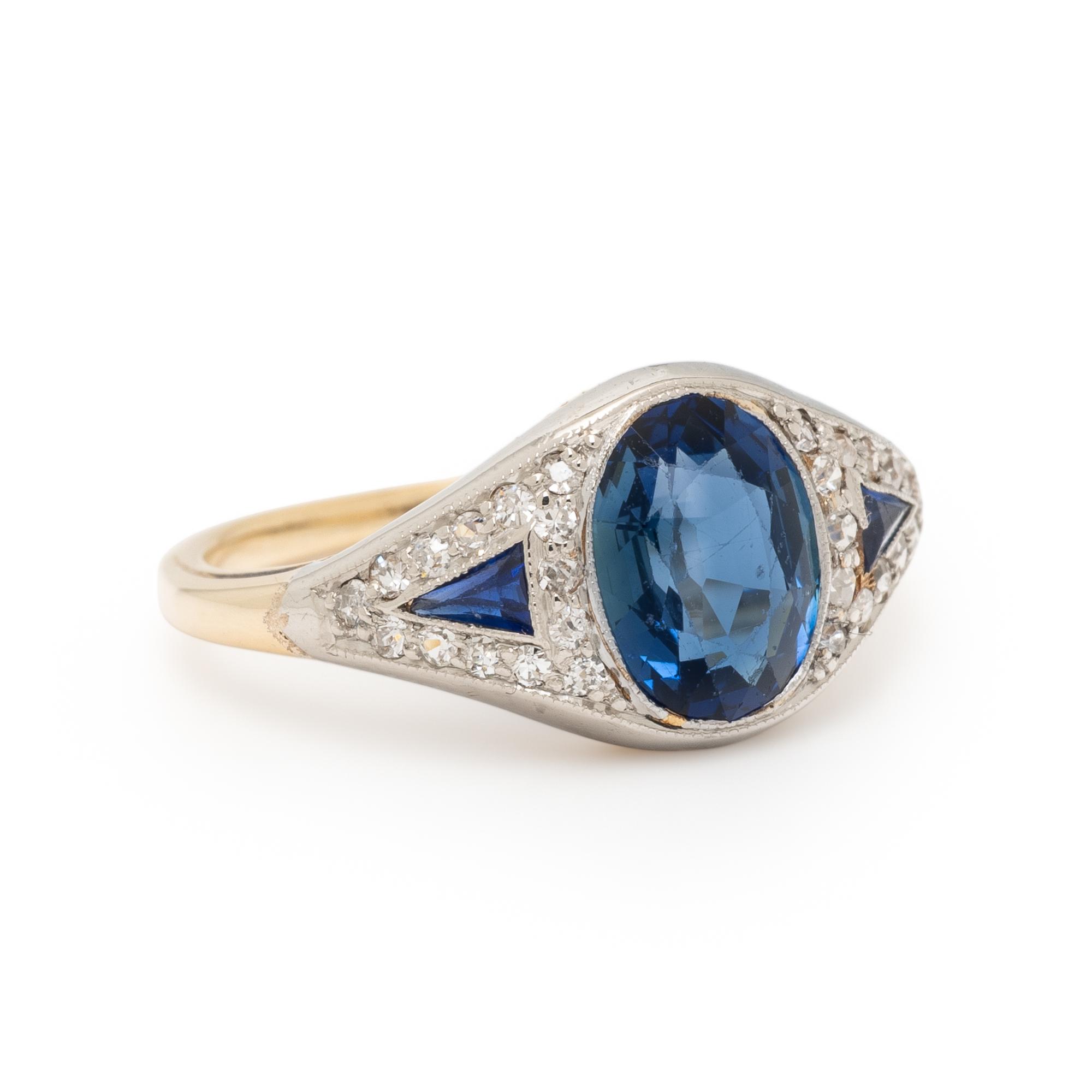SYNTHETIC SAPPHIRE, DIAMOND, AND BICOLOR GOLD RING