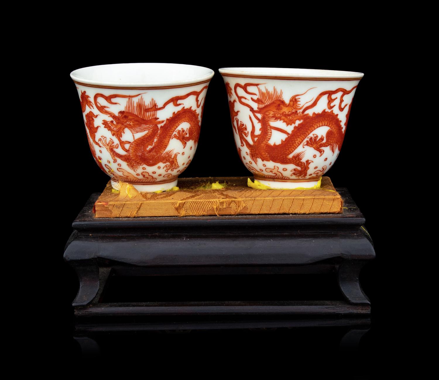 A Pair of Chinese Iron Red Decorated Porcelain 'Dragon' Wine Cups