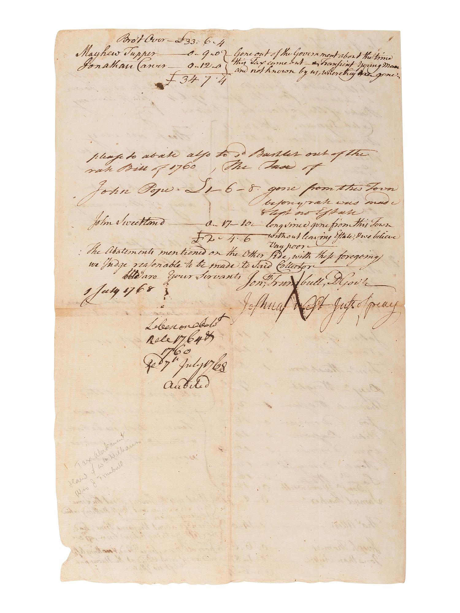 [SIGNER -- WILLIAMS, William (1731-1811)]. TRUMBULL, Jonathan, Sr. (1710-1785). Document comprising: