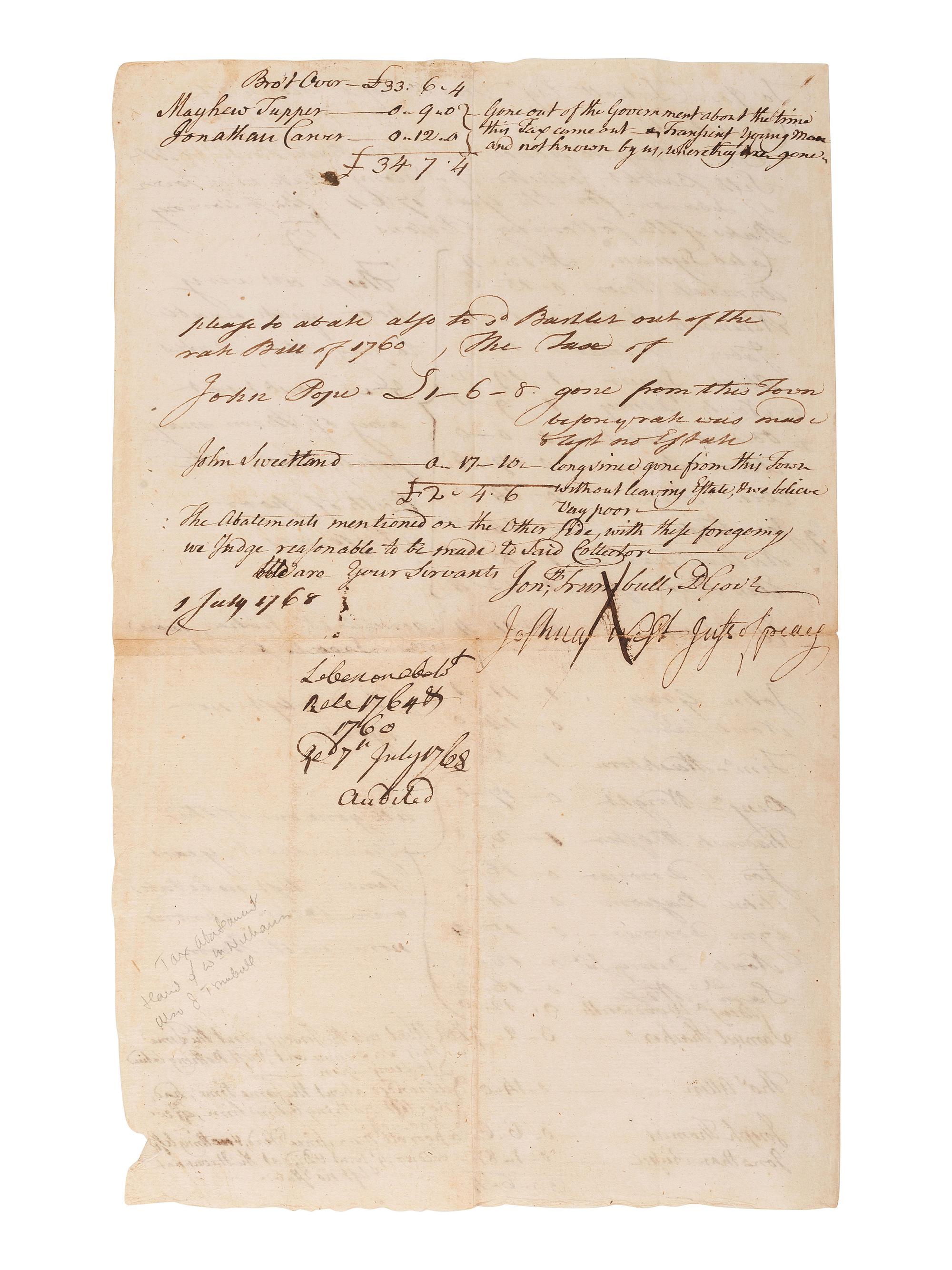 [SIGNER -- WILLIAMS, William (1731-1811)]. TRUMBULL, Jonathan, Sr. (1710-1785). Document comprising: