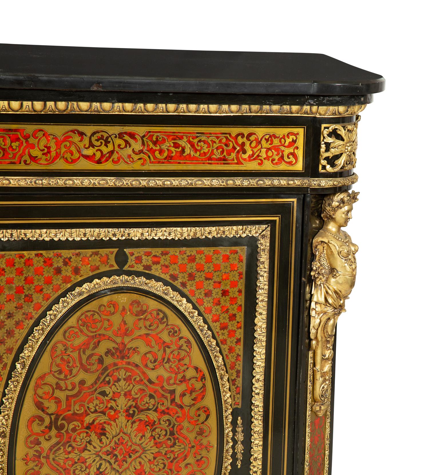 A Napoleon III Gilt Bronze Mounted Boulle Marquetry Marble-Top Console Cabinet