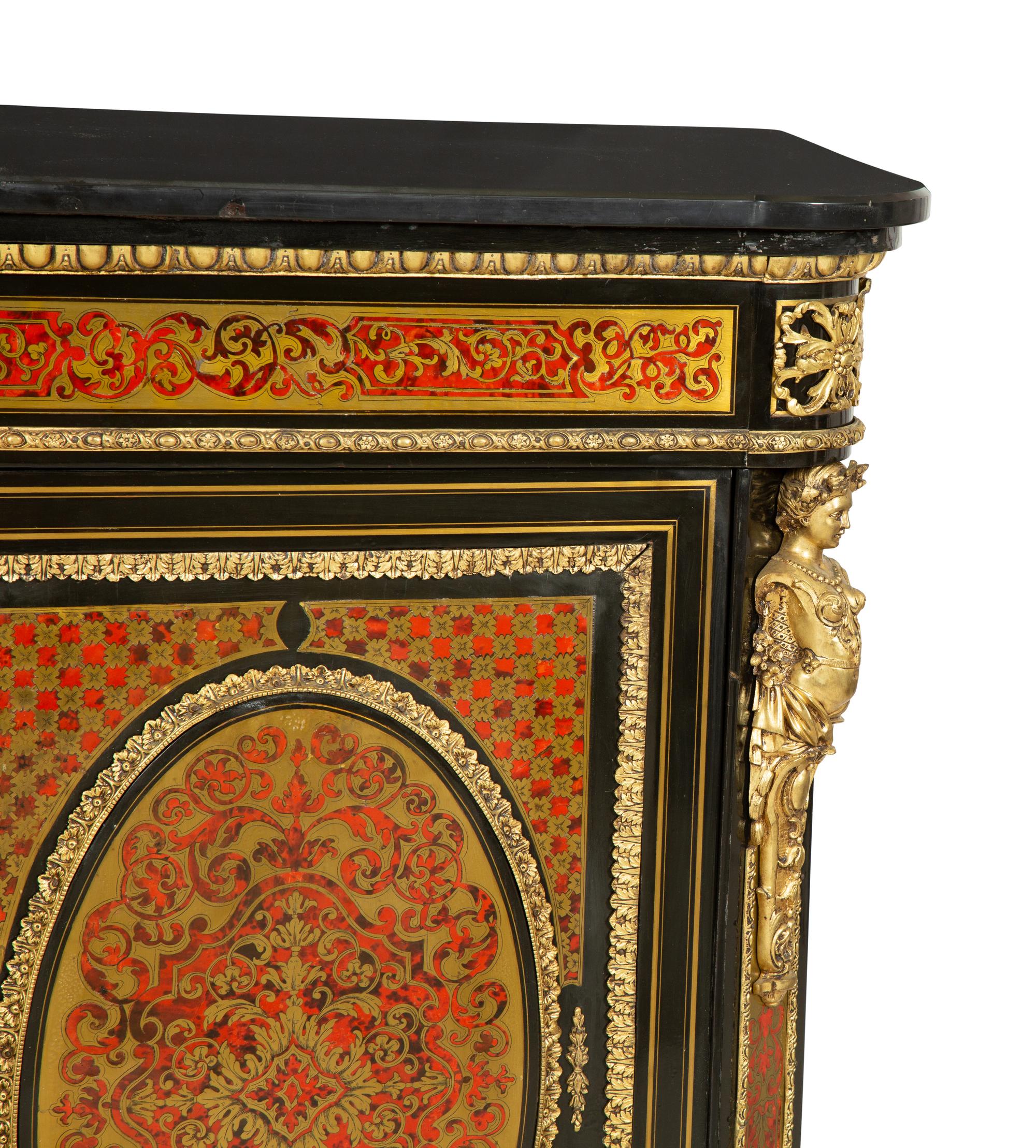 A Napoleon III Gilt Bronze Mounted Boulle Marquetry Marble-Top Console Cabinet