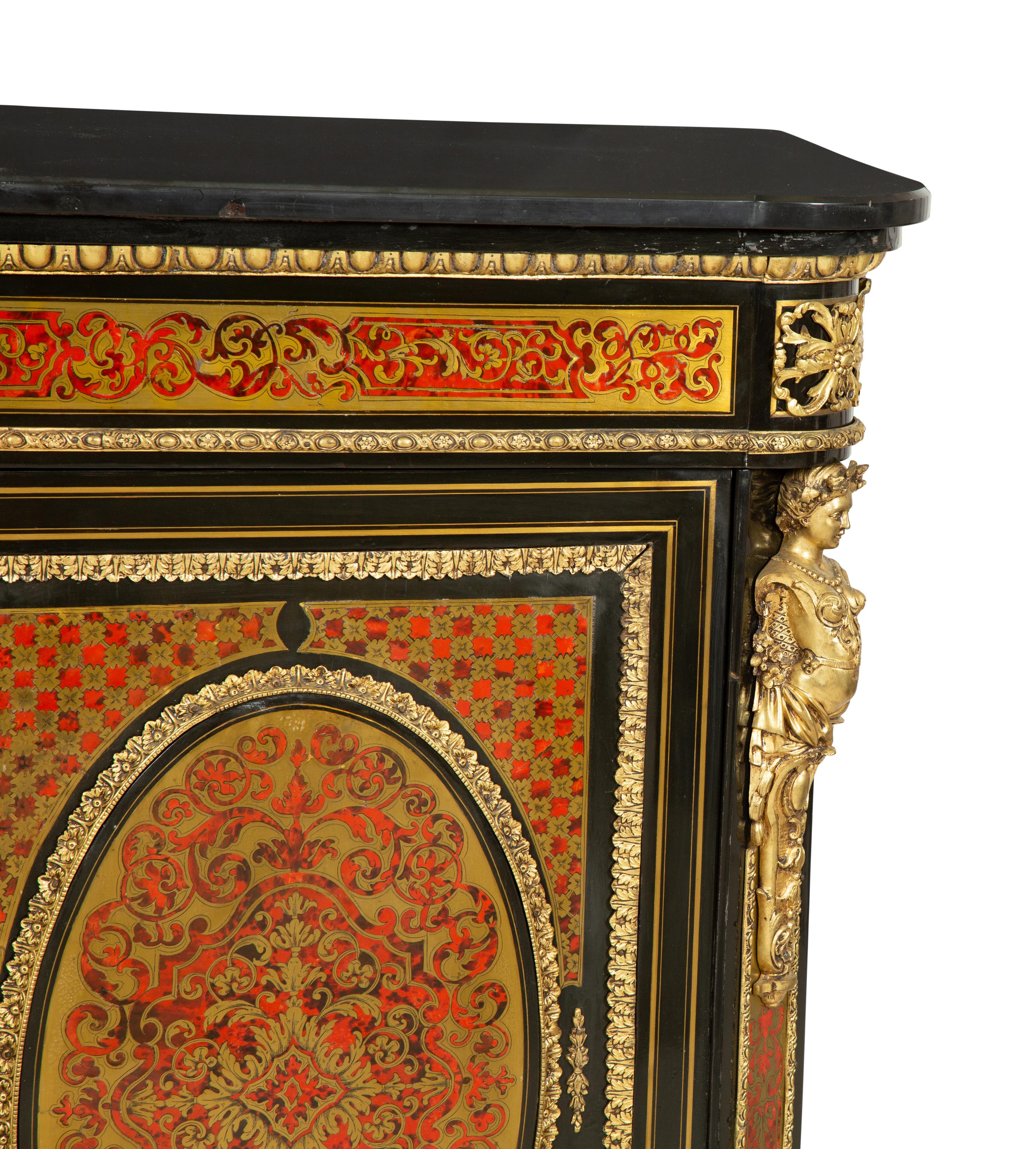 A Napoleon III Gilt Bronze Mounted Boulle Marquetry Marble-Top Console Cabinet