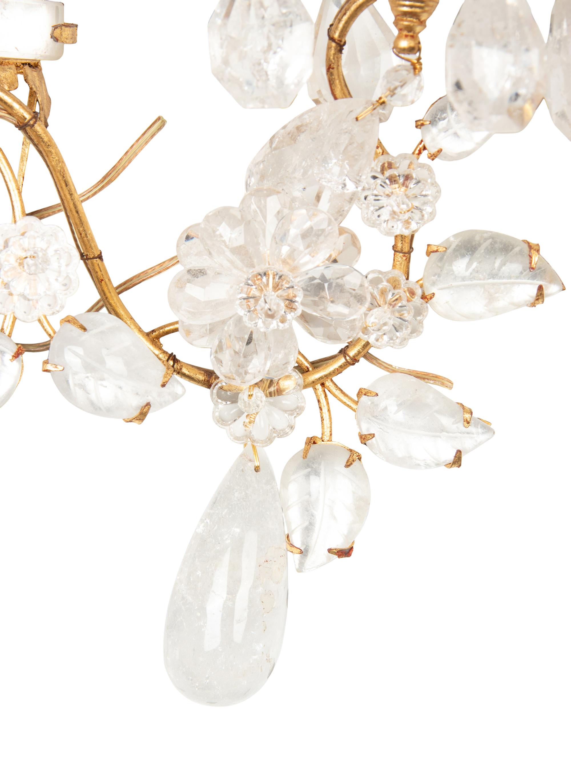 A Pair of Rock Crystal and Gilt Metal Two-Light Wall Sconces