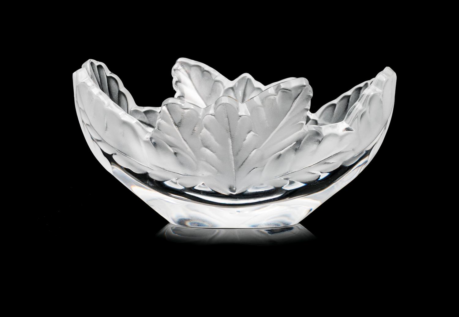 Lalique, , a clear and frosted glass dish, with leaf motif