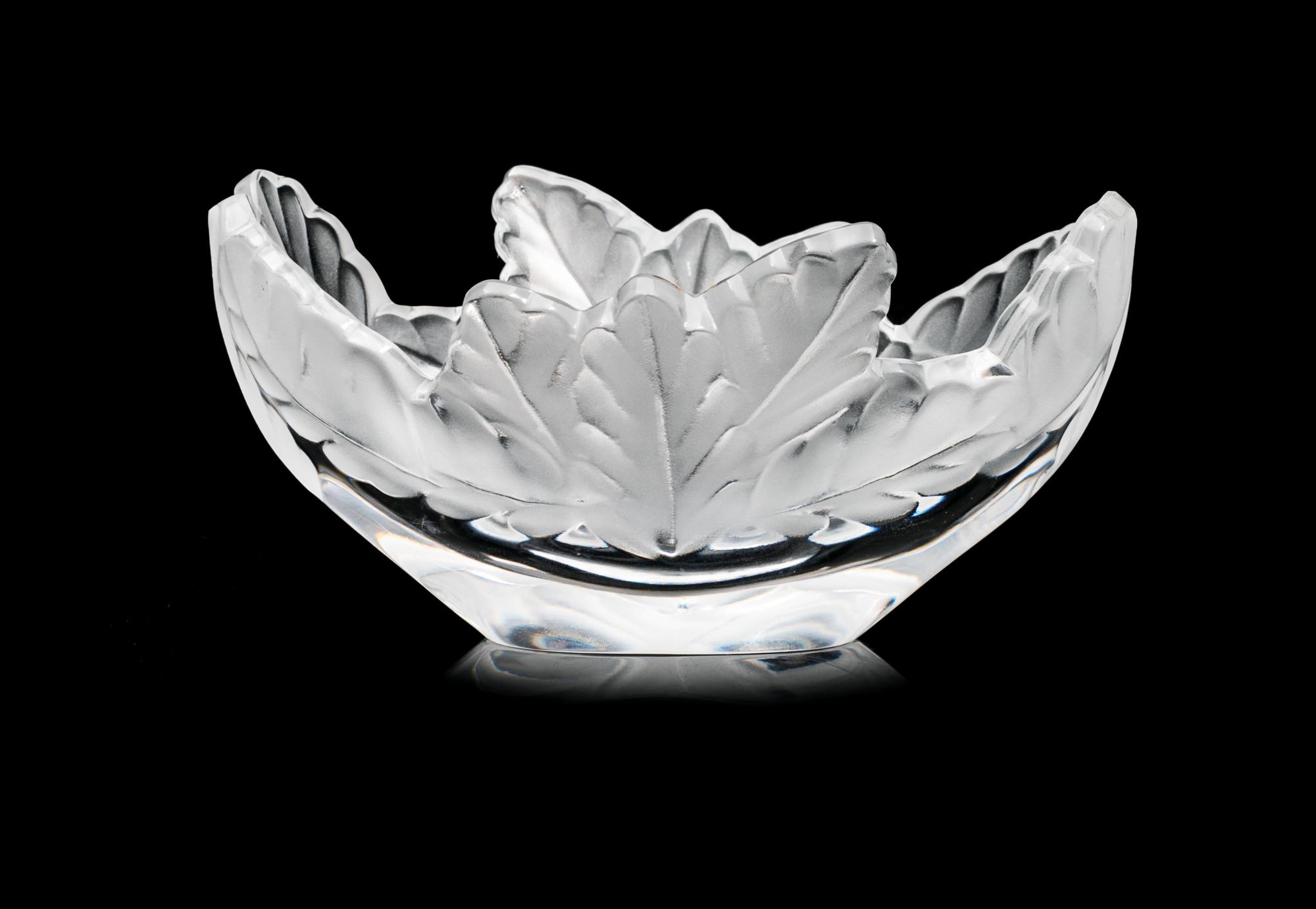 Lalique, , a clear and frosted glass dish, with leaf motif