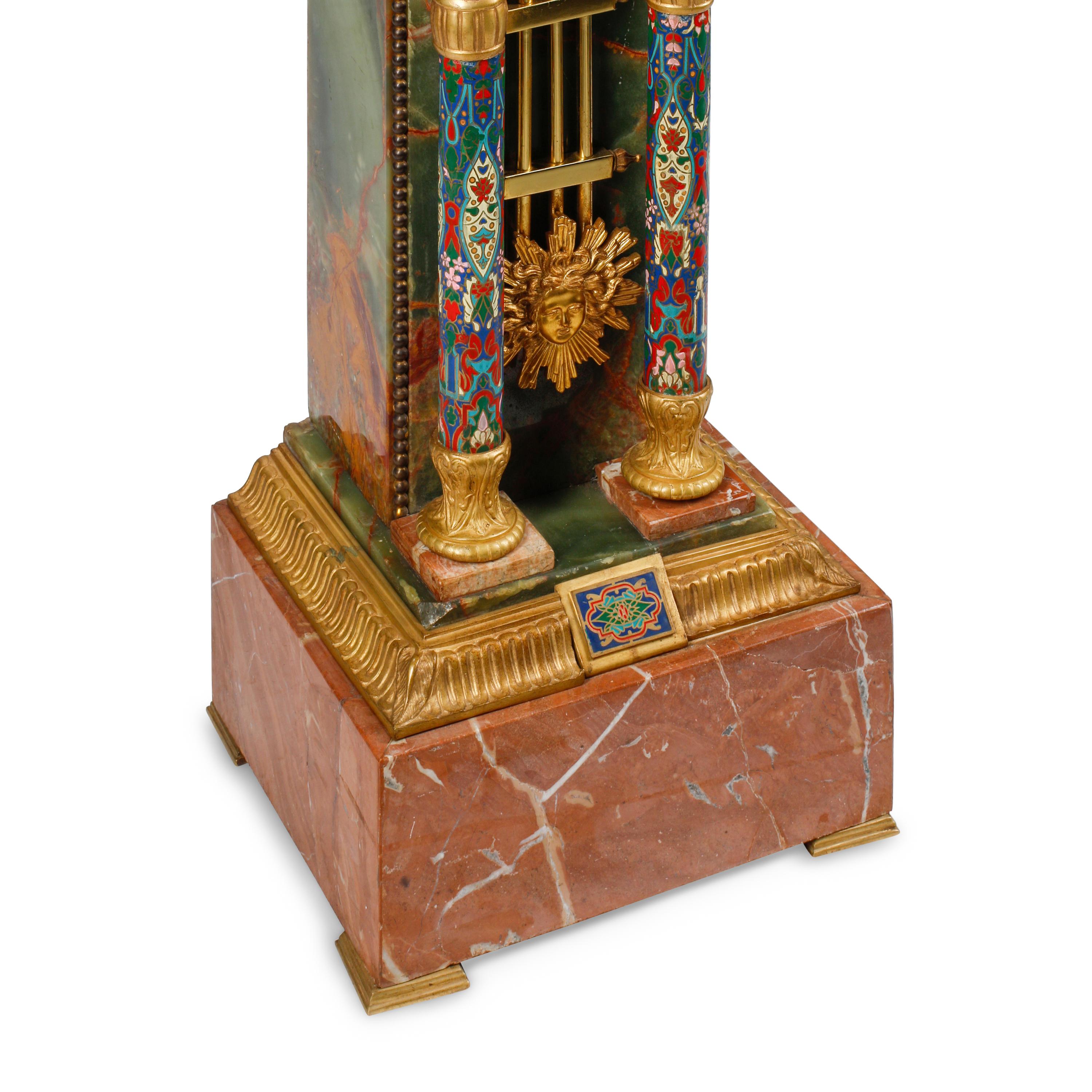 A French Onyx, Marble, Gilt Bronze and Champlevé Clock Pedestal