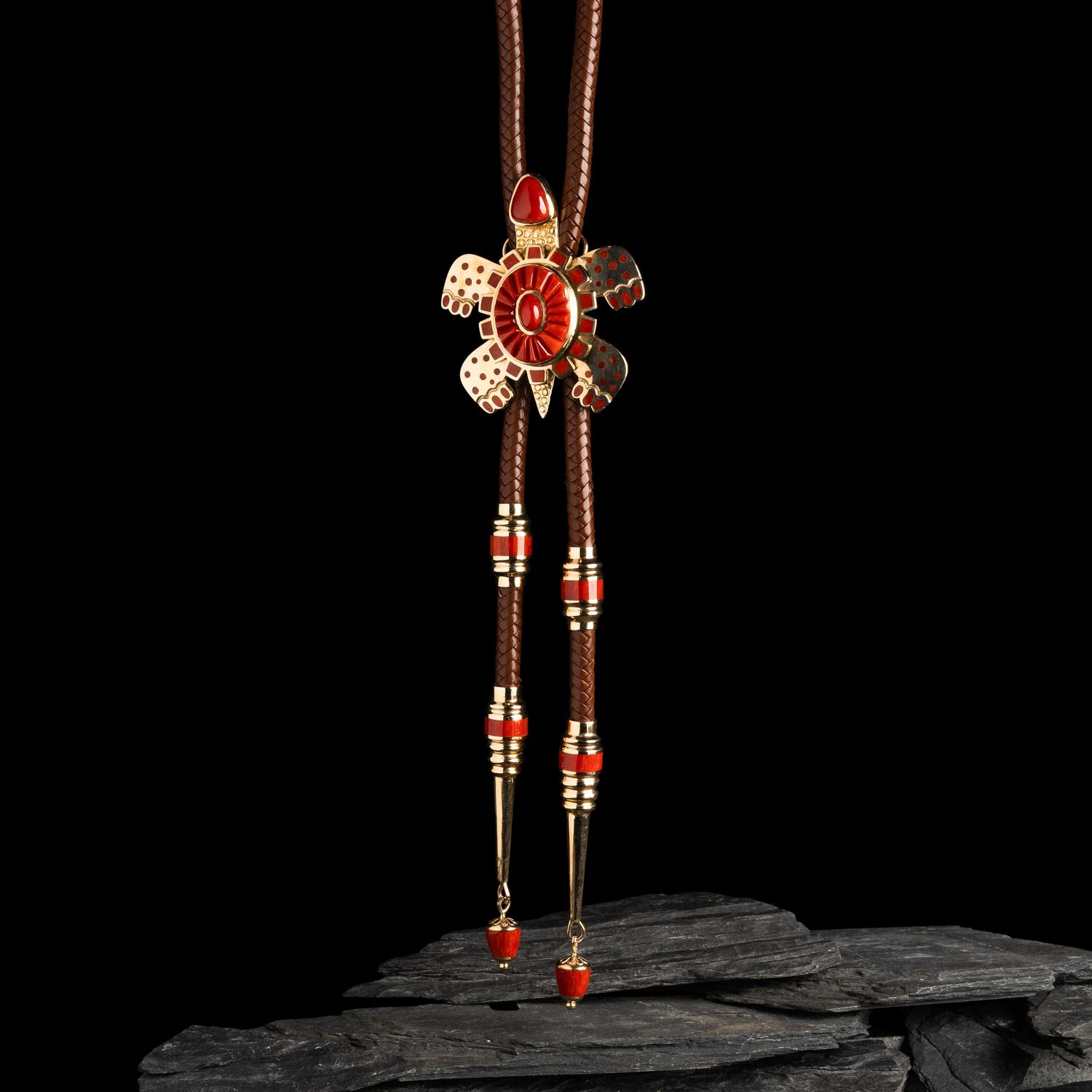 Vernon Haskie (Dine, b. 1968) — 14k Gold and Mediterranean Coral Turtle Bolo Tie