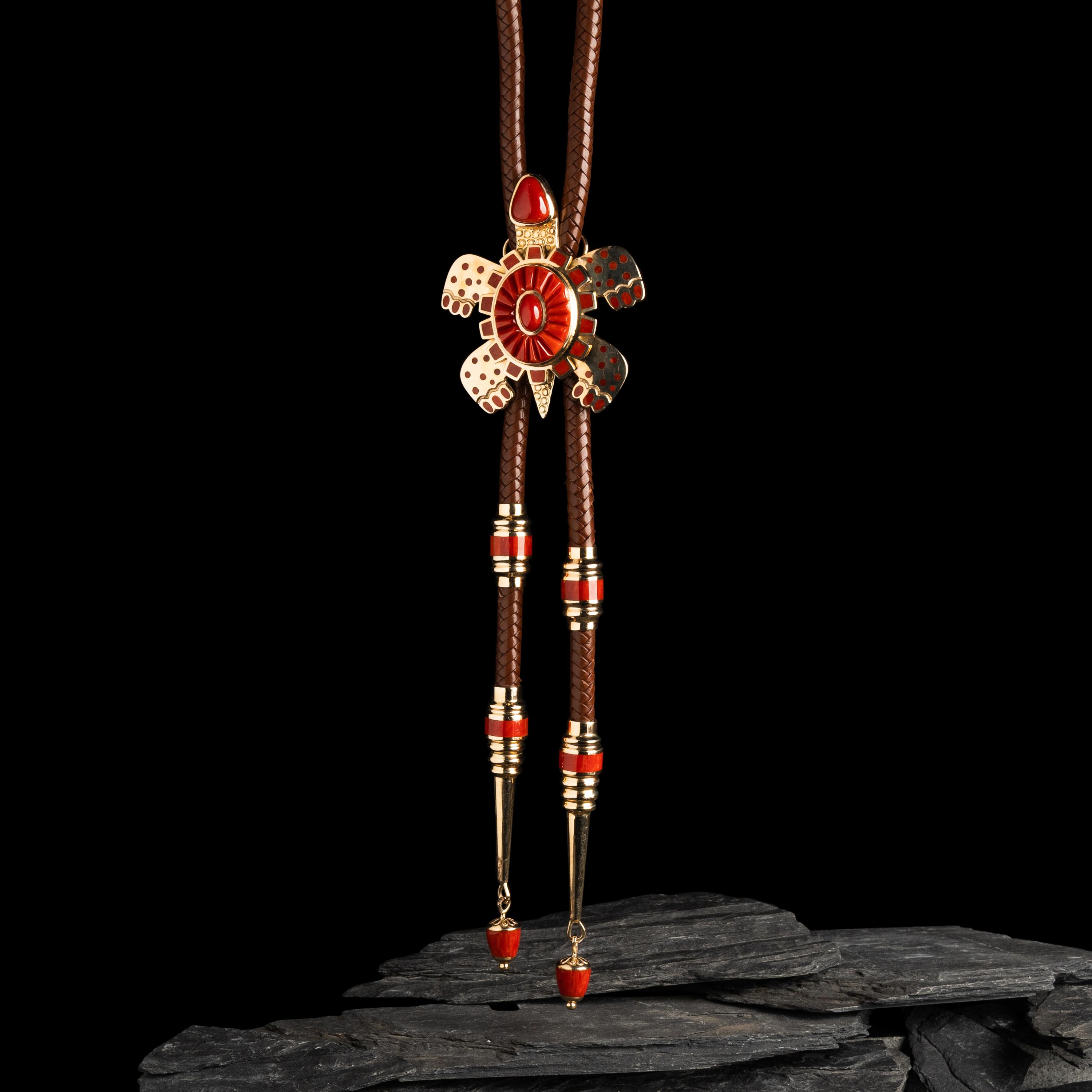 Vernon Haskie (Dine, b. 1968) — 14k Gold and Mediterranean Coral Turtle Bolo Tie