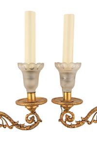 A Pair of French Gilt Bronze and Frosted Glass Two-Light Sconces