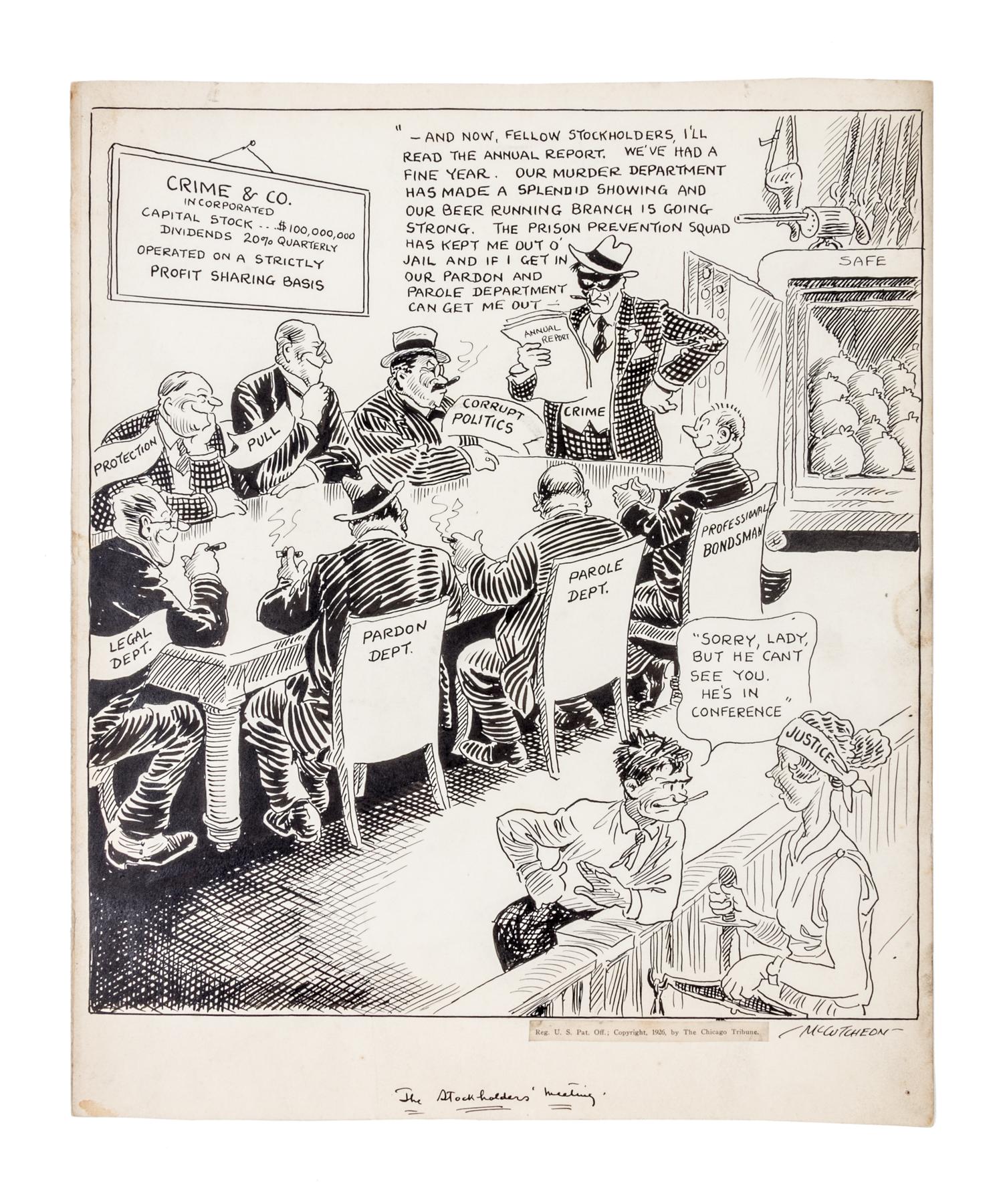 (CHICAGO) MCCUTCHEON, JOHN TINNEY. 6 original pen and ink illustrations for The Chicago Tribune re: crime, c. 1926-1931.