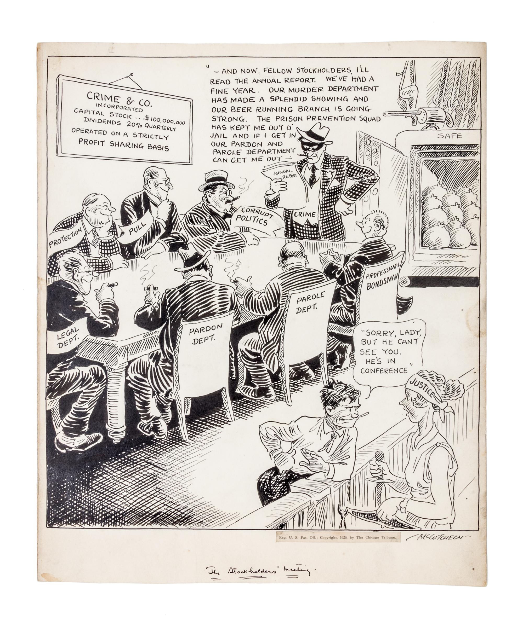 (CHICAGO) MCCUTCHEON, JOHN TINNEY. 6 original pen and ink illustrations for The Chicago Tribune re: crime, c. 1926-1931.