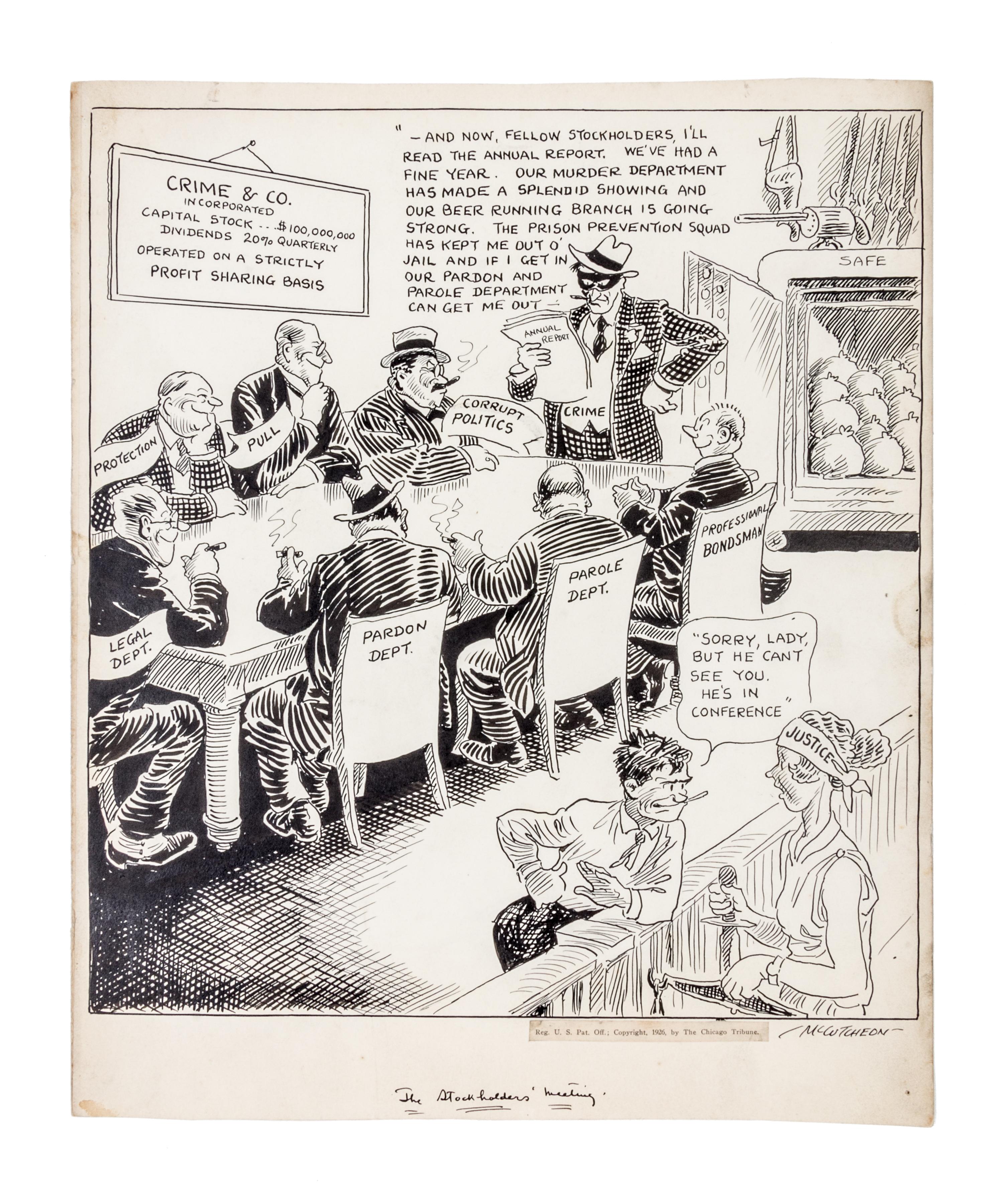 (CHICAGO) MCCUTCHEON, JOHN TINNEY. 6 original pen and ink illustrations for The Chicago Tribune re: crime, c. 1926-1931.