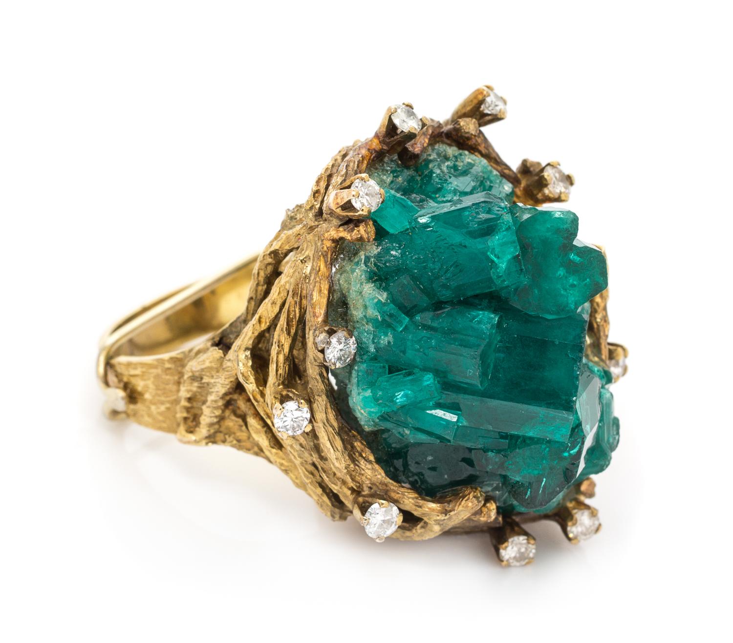 RONAY, YELLOW GOLD, SYNTHETIC EMERALD AND DIAMOND RING