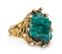 RONAY, YELLOW GOLD, SYNTHETIC EMERALD AND DIAMOND RING