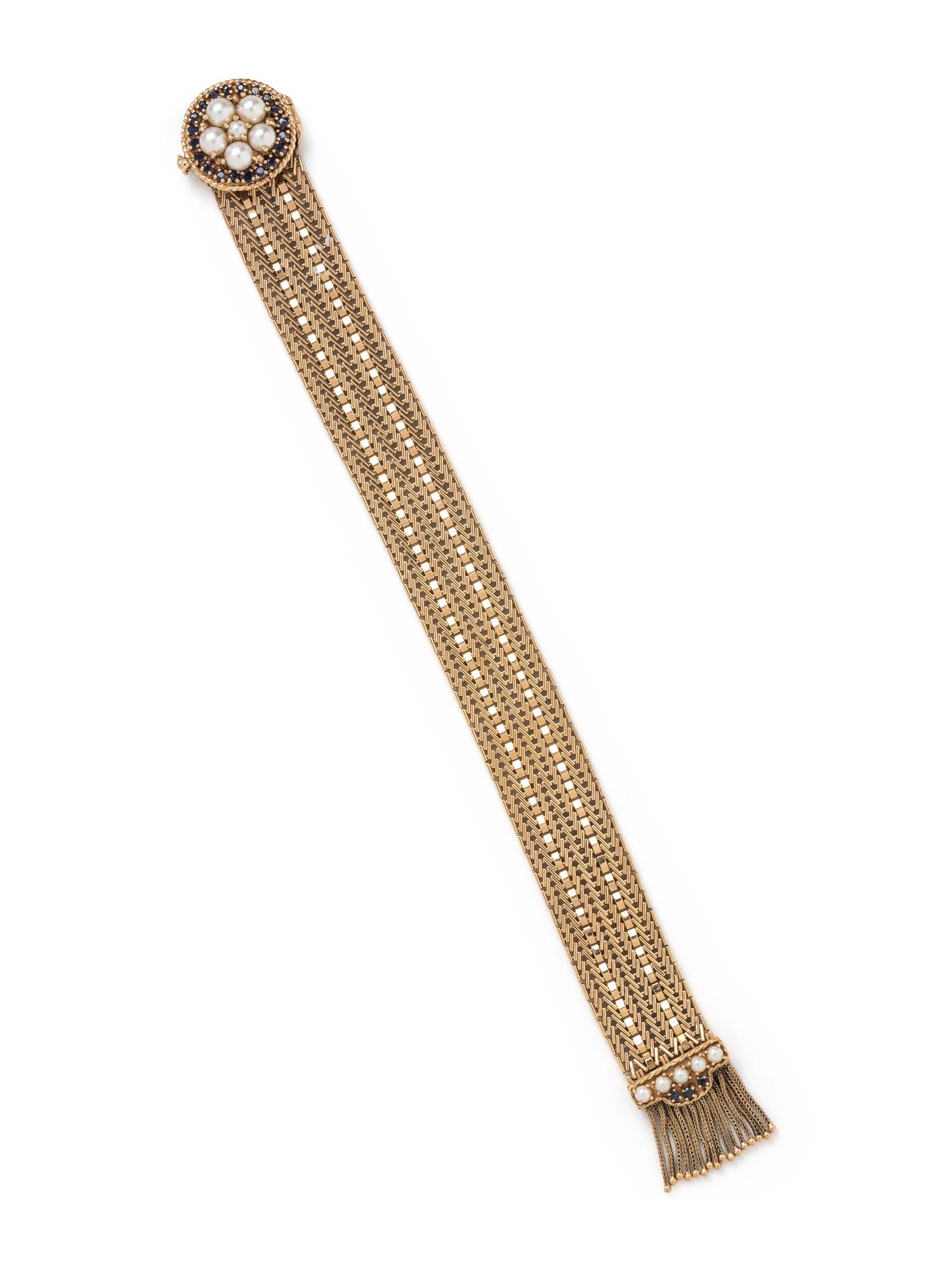 YELLOW GOLD, CULTURED PEARL AND SAPPHIRE BRACELET