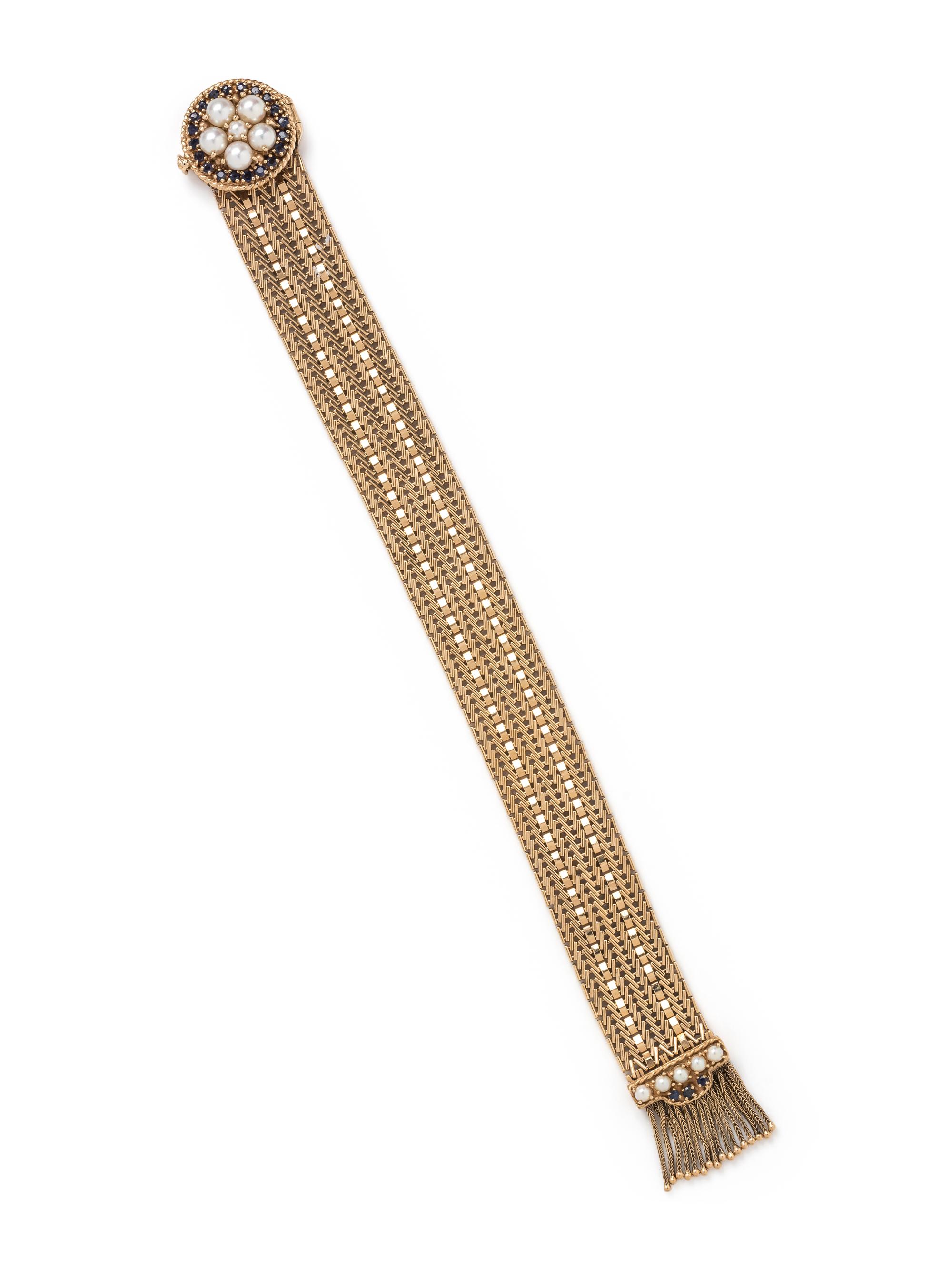 YELLOW GOLD, CULTURED PEARL AND SAPPHIRE BRACELET