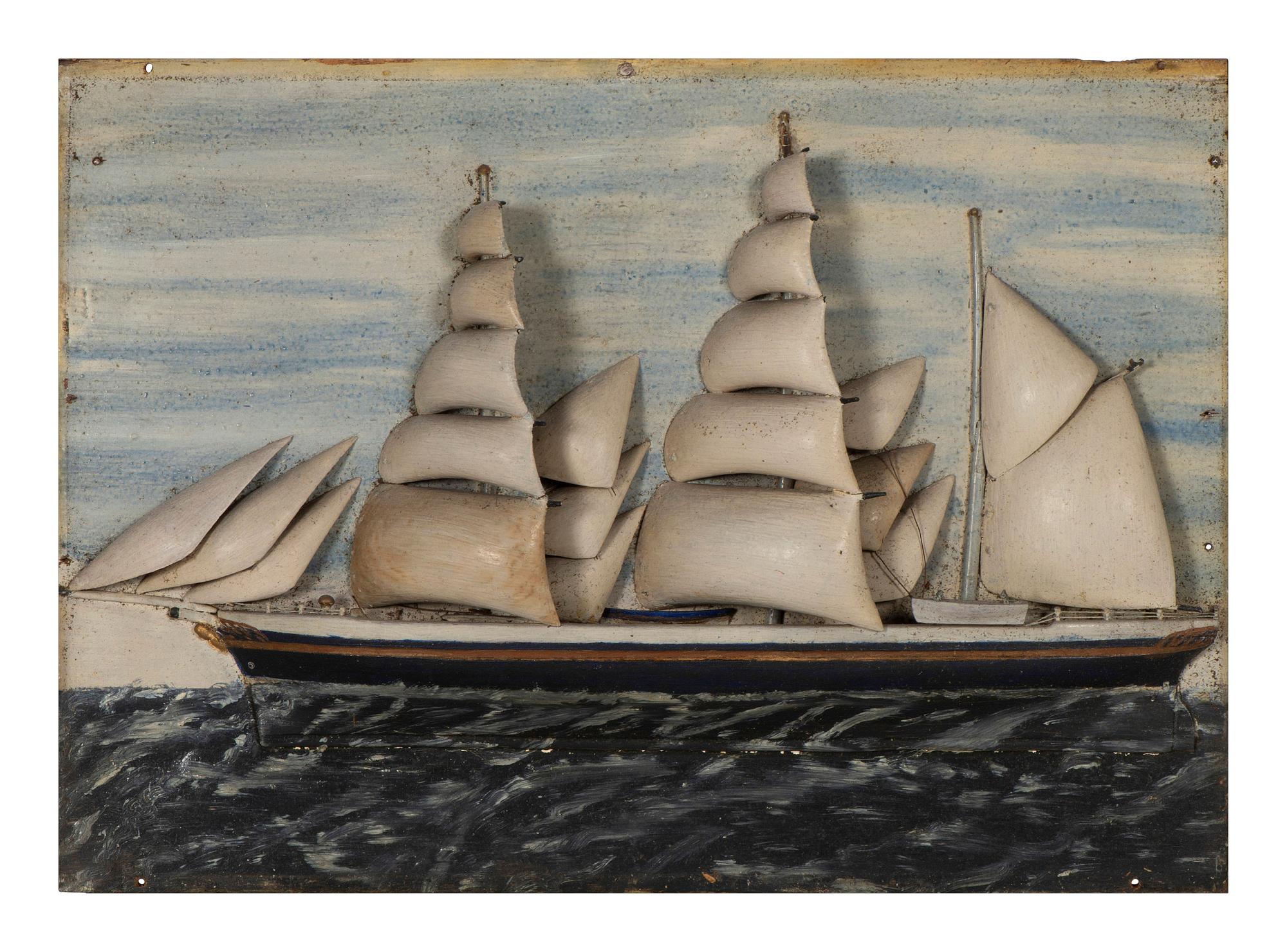 A Carved and Painted Wood Ship Diorama