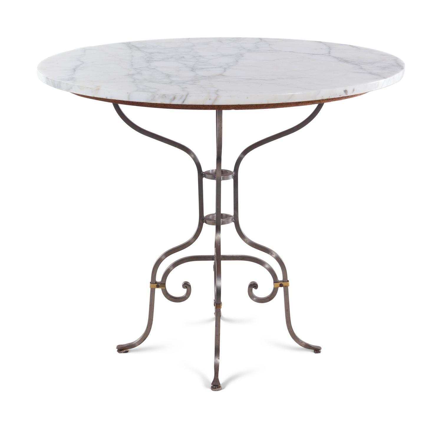 A Steel, Brass and Marble Dining Set
