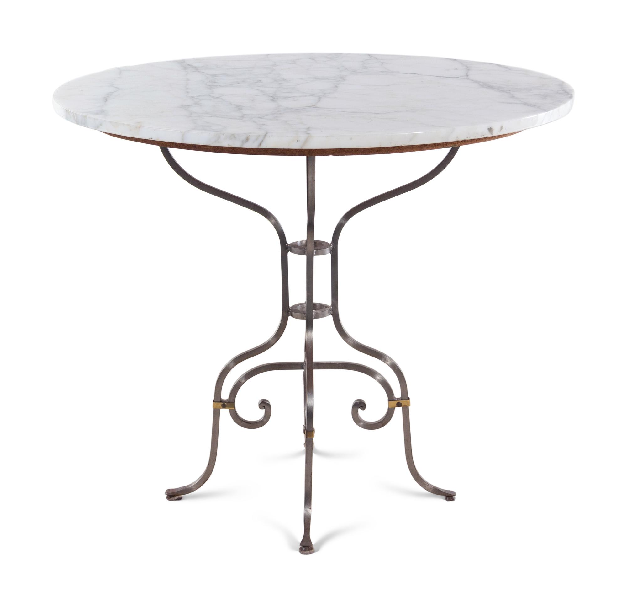 A Steel, Brass and Marble Dining Set