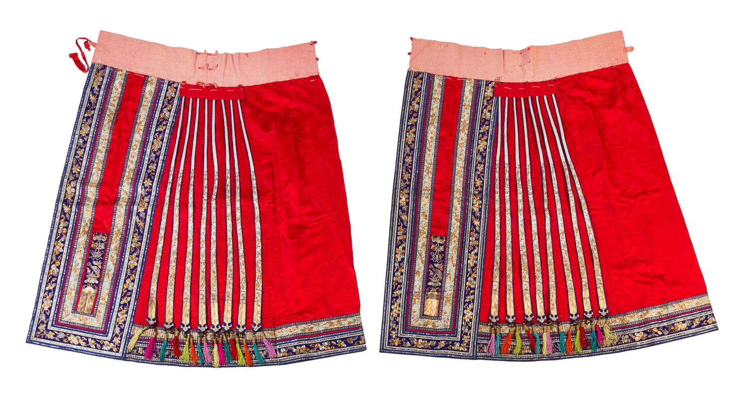 A Red Ground Embroidered Damask Skirt Length 36 1/2 inches. — 18TH/19TH CENTURY