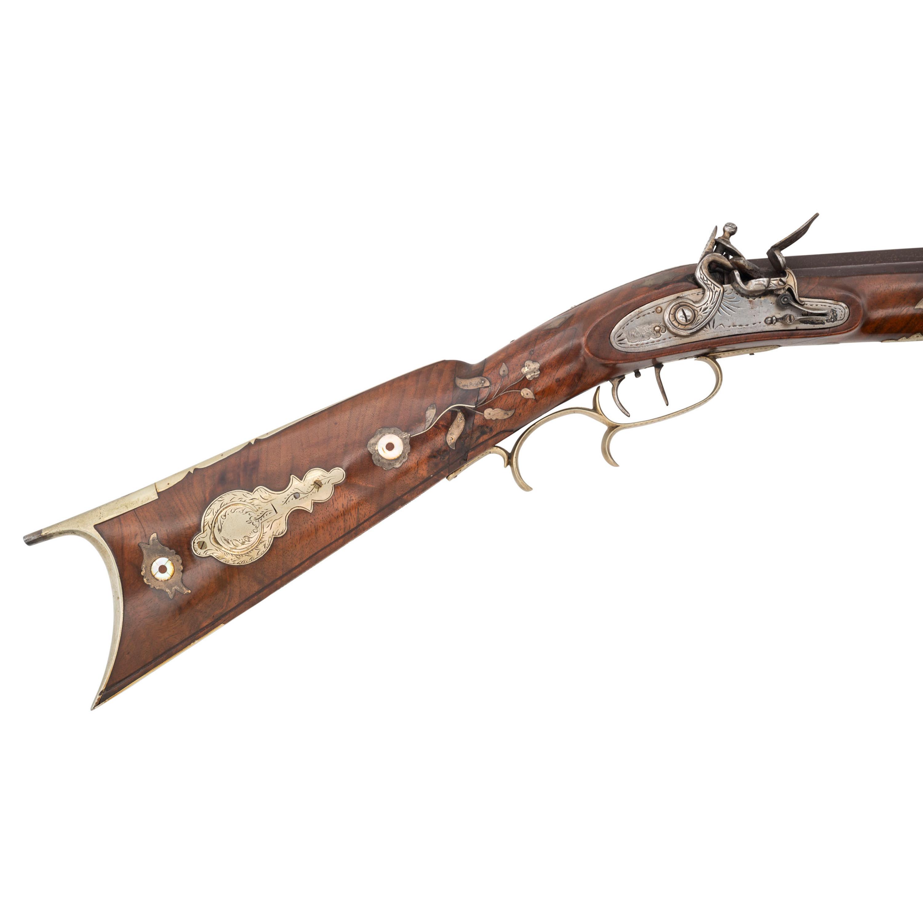 Ornate 19th Century German Silver Decorated Heavy Barrel Flintlock Rifle Signed "S.S."