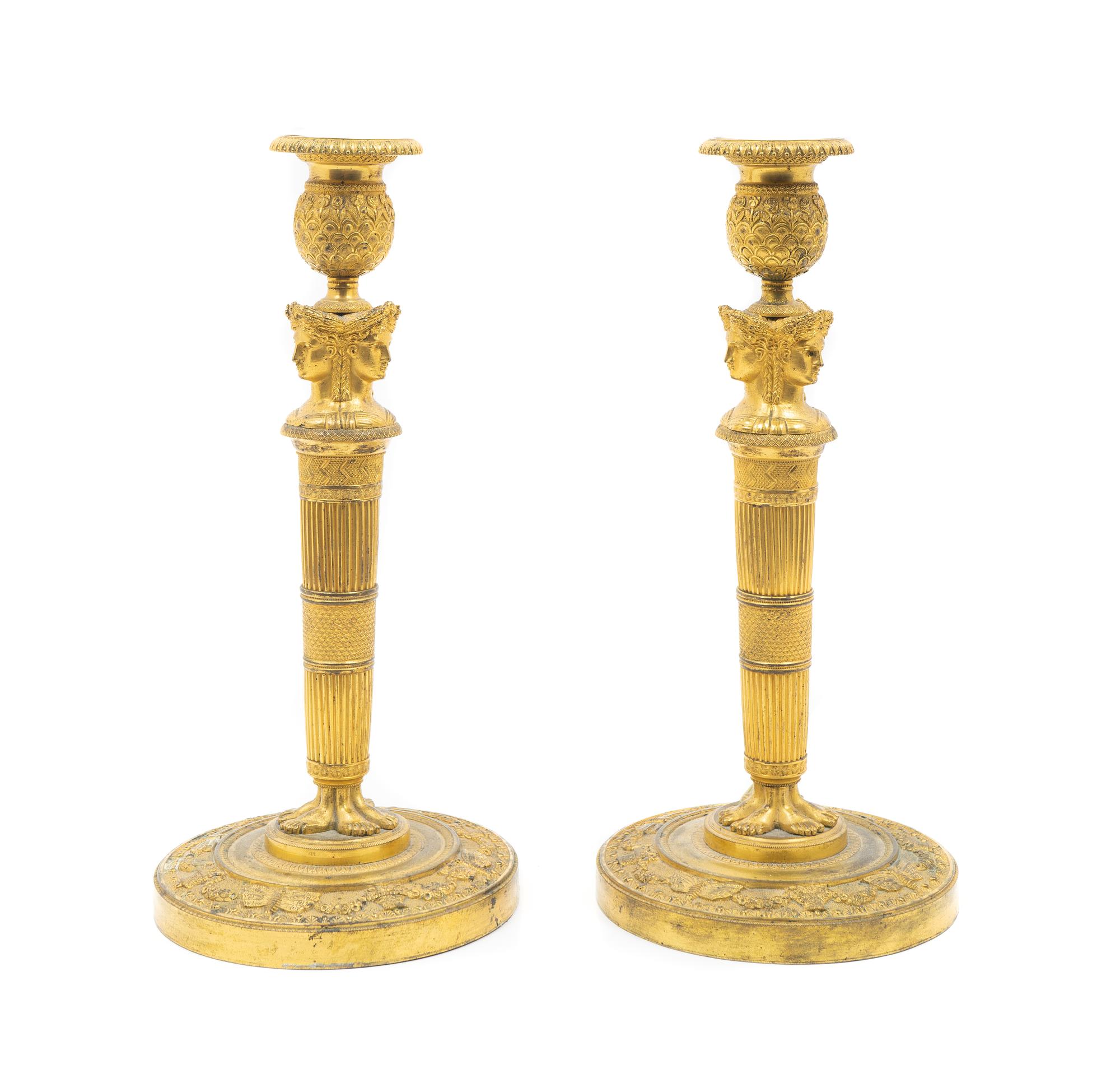 A Pair of Louis XVI Style Gilt-Bronze Candlesticks Mounted as Lamps