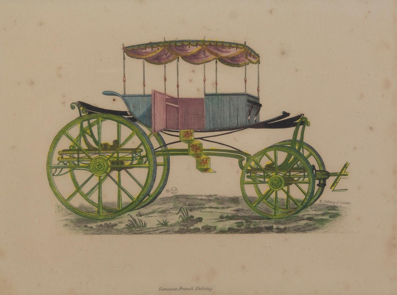 Nine French Handcolored Engravings, Sidney Z. Lucas, Height 5 3/4 x width 7 7/8 inches (visible).