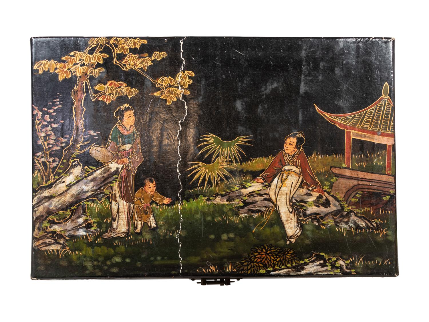 A Chinese Export Parcel Gilt and Lacquered Chest on Stand