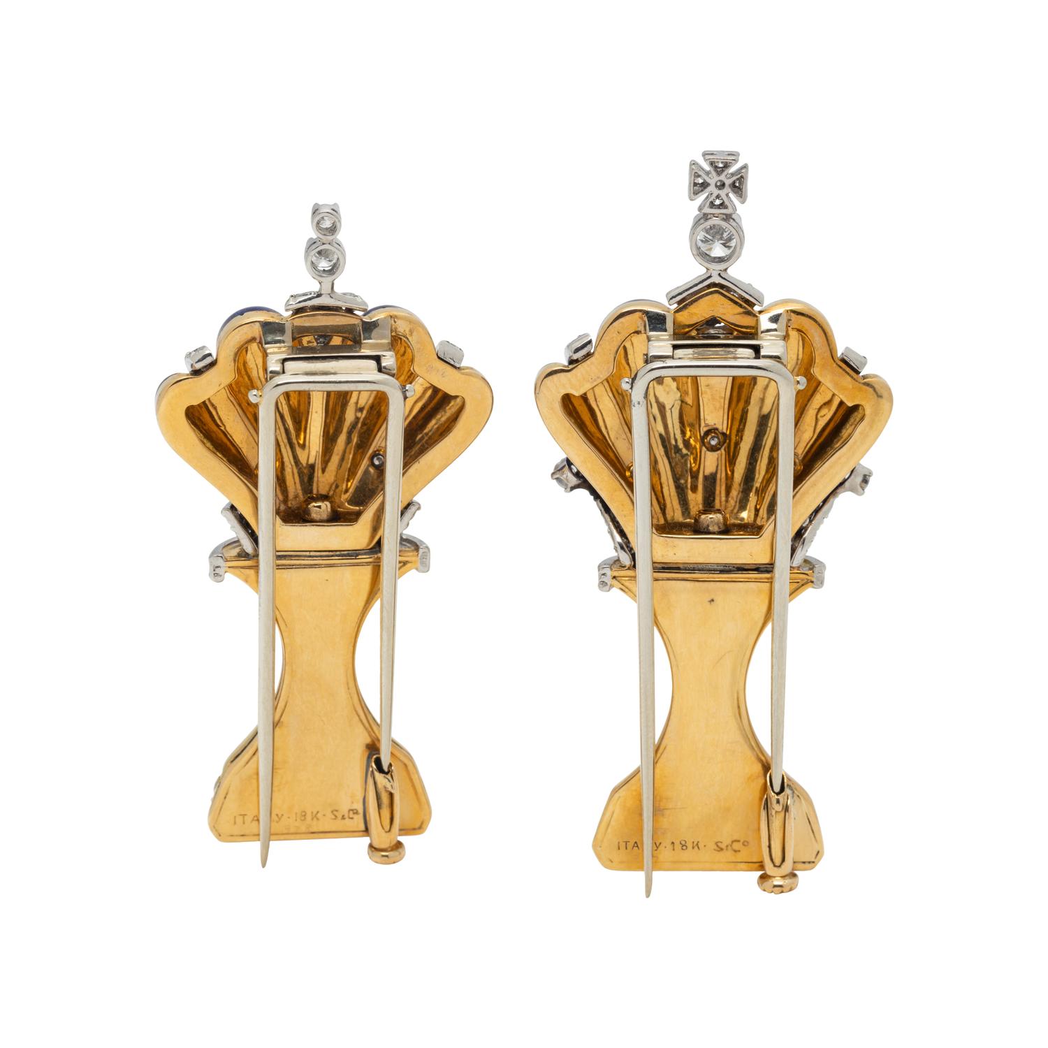 SPAULDING & CO., A PAIR OF DIAMOND AND BLUE ENAMEL CHESS PIECE BROOCHES
