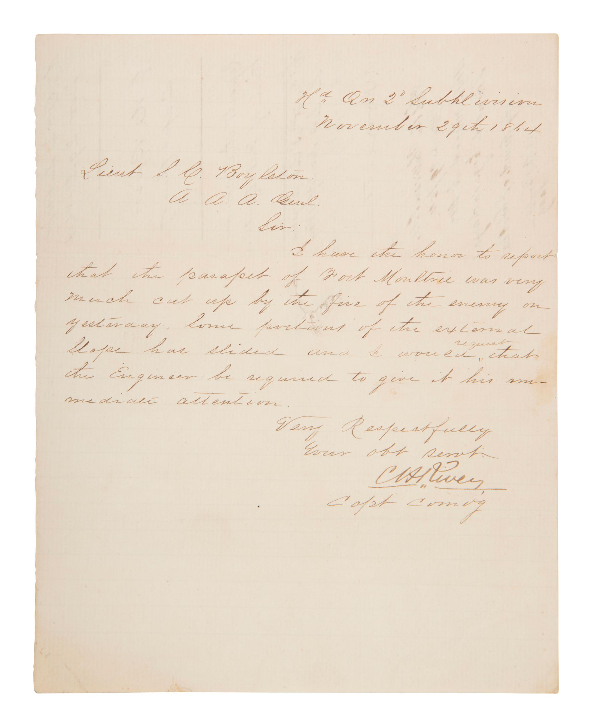 [CIVIL WAR]. 1st SC Inf. report re: bombardment of Fort Moultrie, "cut up by the fire of the enemy."