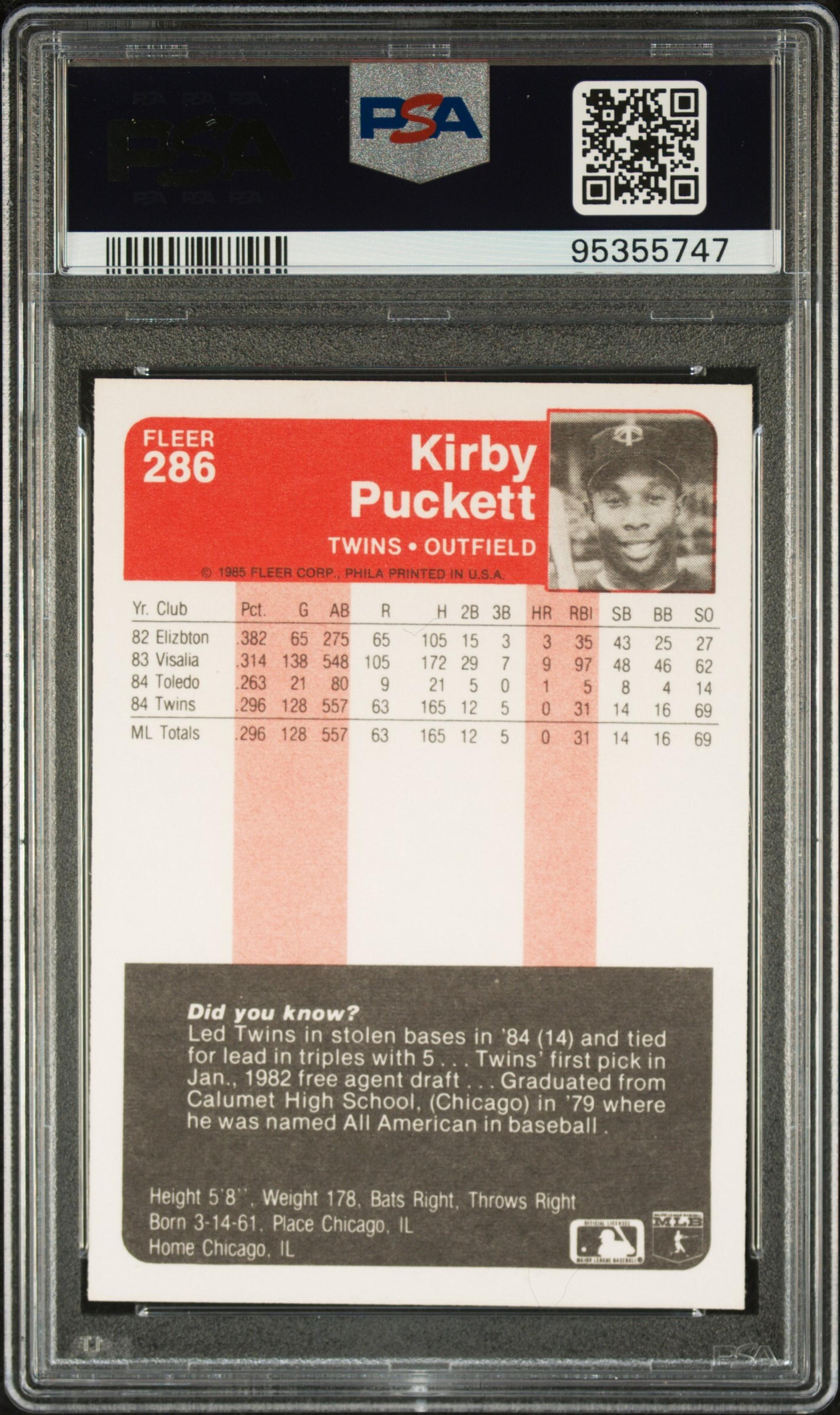 A 1985 Fleer Kirby Puckett Rookie Baseball Card (PSA 10 GEM MINT)