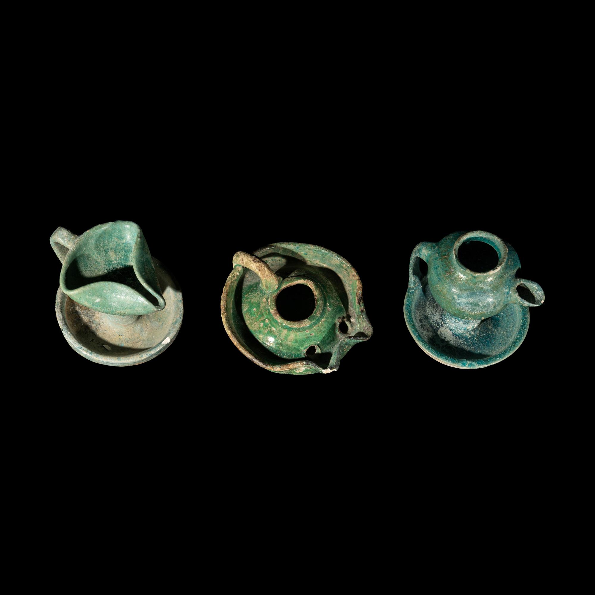Three Persian Glazed Ceramic Oil Lamps