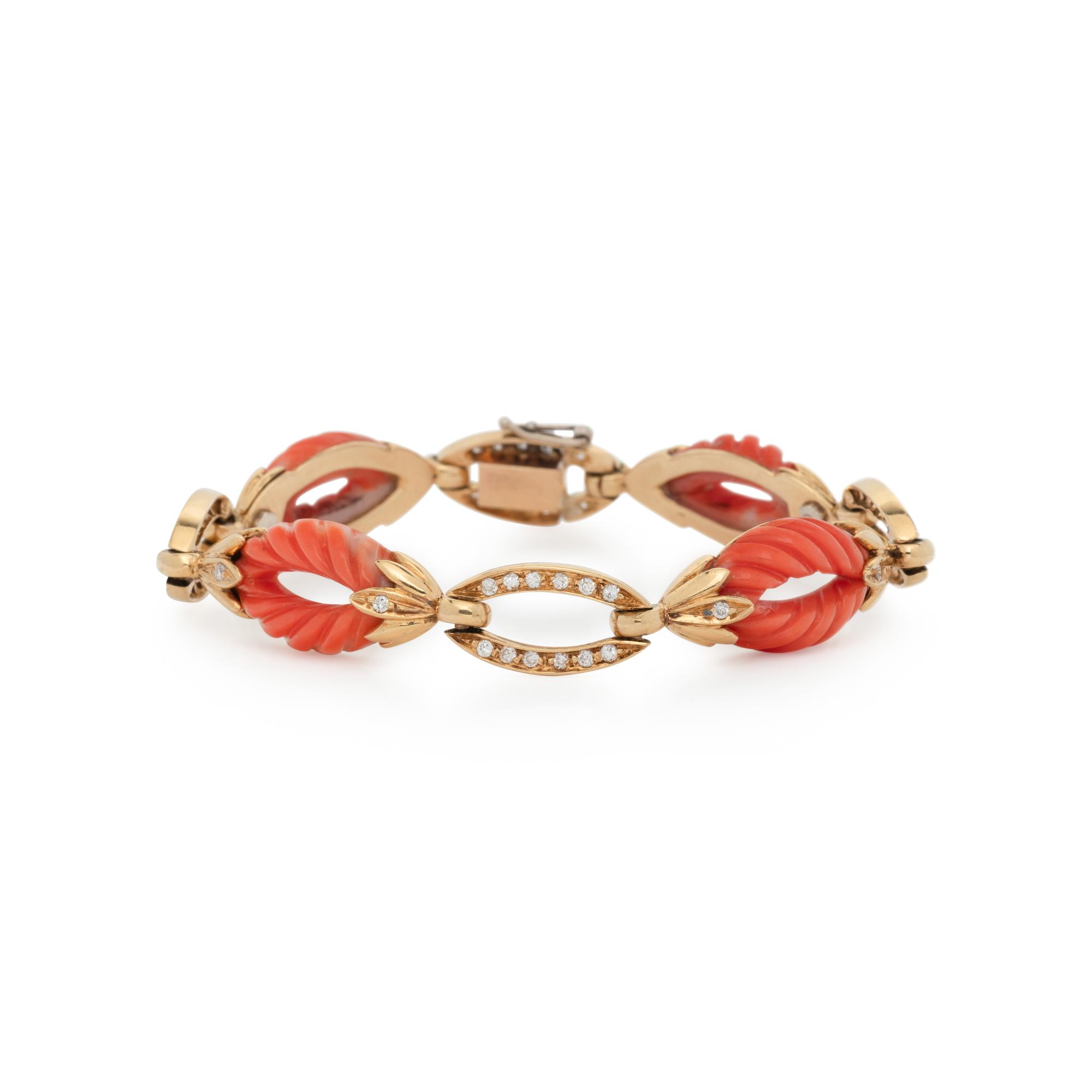 YELLOW GOLD, CORAL, AND DIAMOND BRACELET