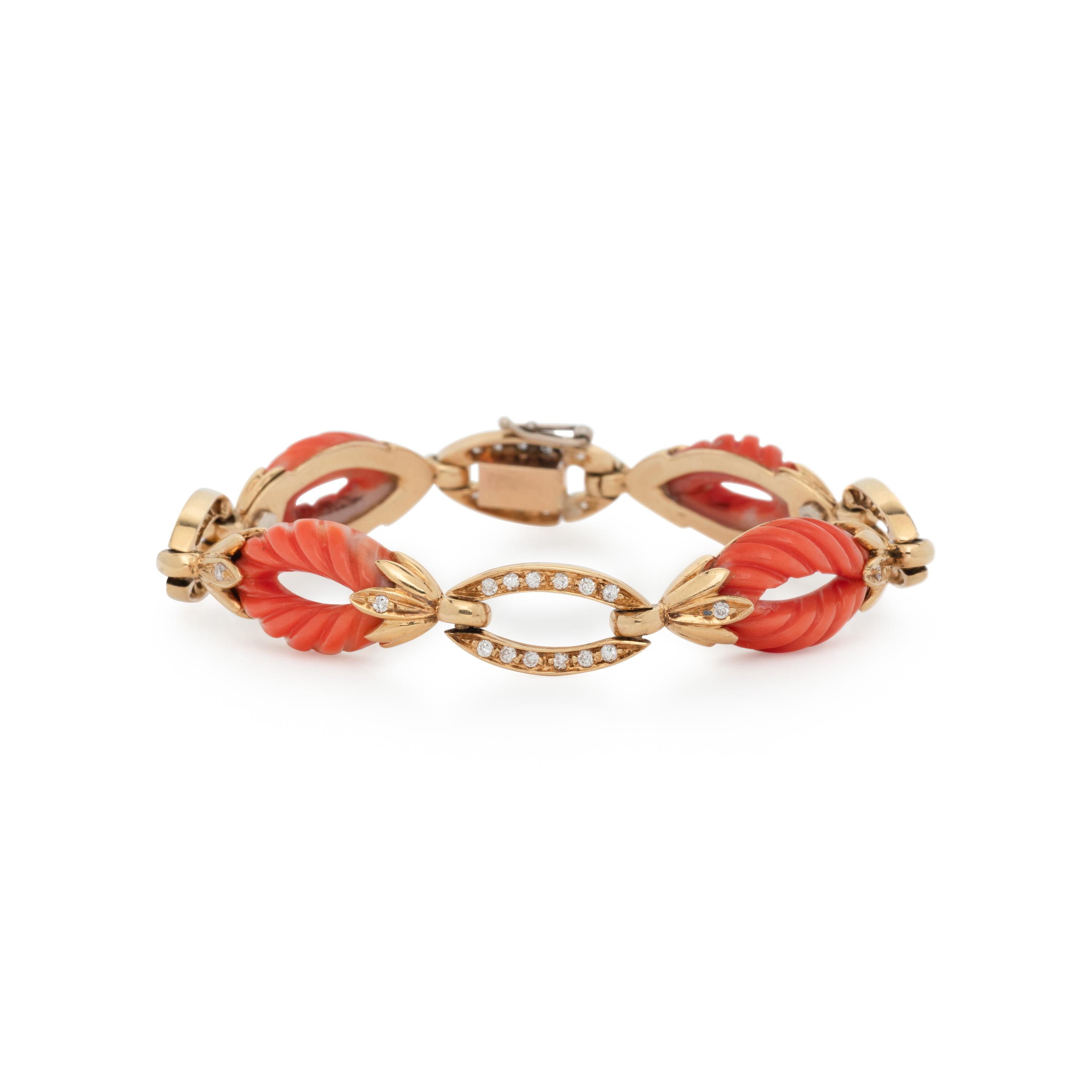 YELLOW GOLD, CORAL, AND DIAMOND BRACELET
