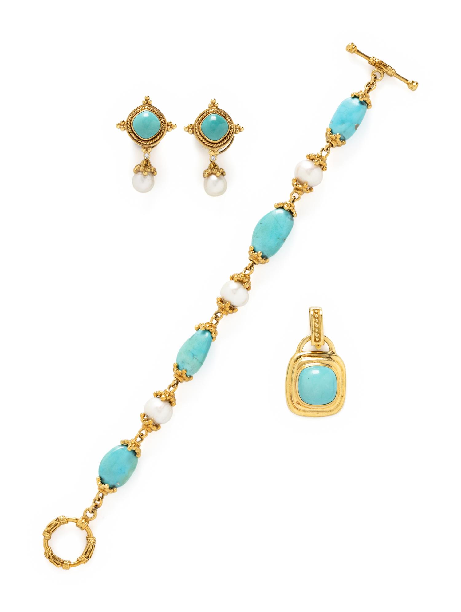 MAZ, YELLOW GOLD, CULTURED PEARL, AND TURQUOISE JEWELRY