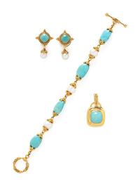 MAZ, YELLOW GOLD, CULTURED PEARL, AND TURQUOISE JEWELRY