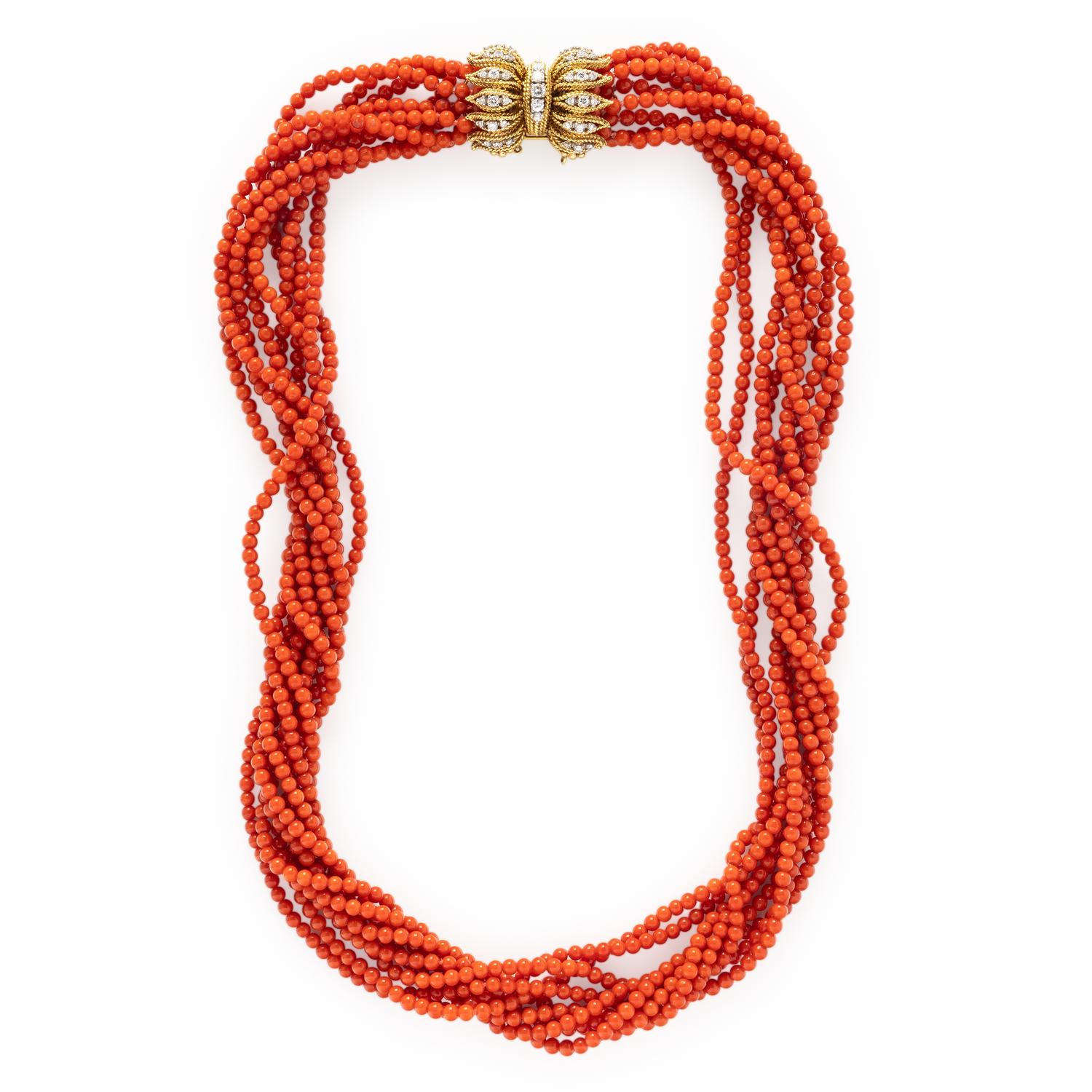 CORAL, DIAMOND, AND YELLOW GOLD TORSADE NECKLACE