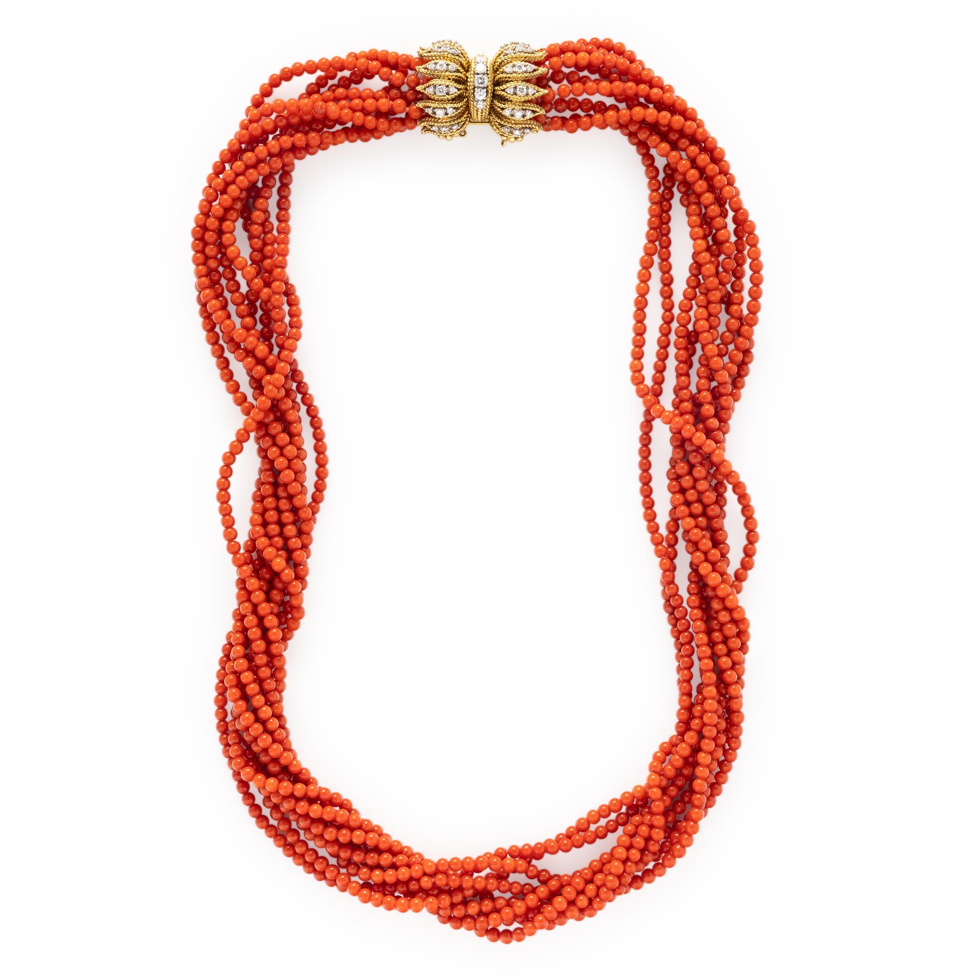 CORAL, DIAMOND, AND YELLOW GOLD TORSADE NECKLACE