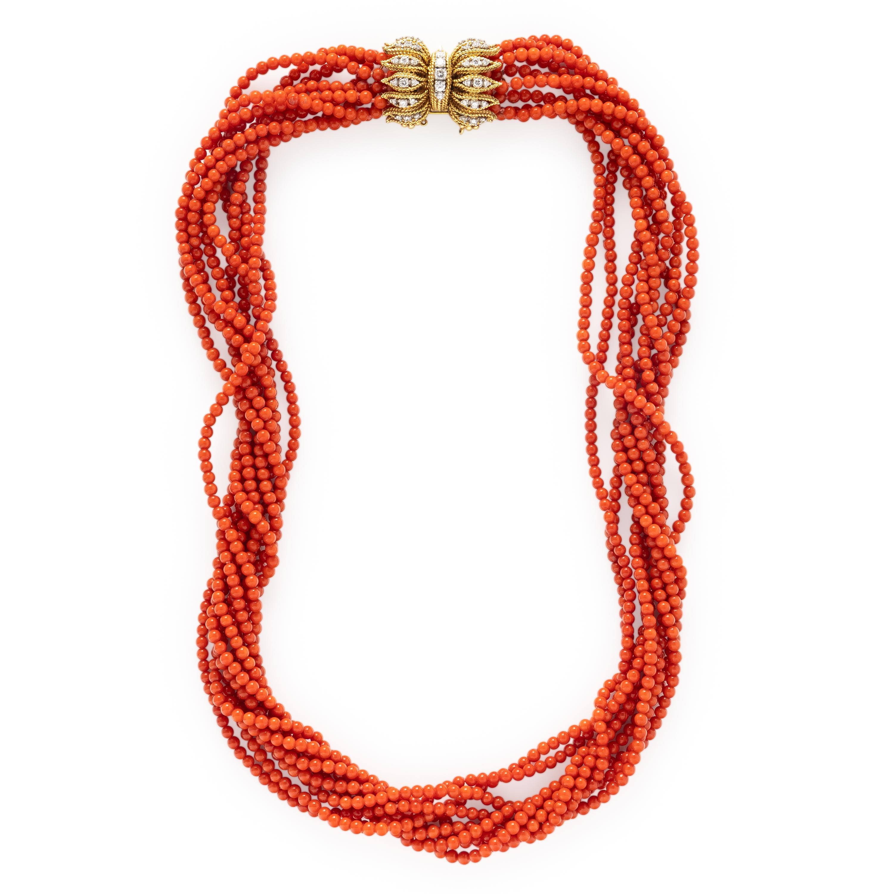 CORAL, DIAMOND, AND YELLOW GOLD TORSADE NECKLACE