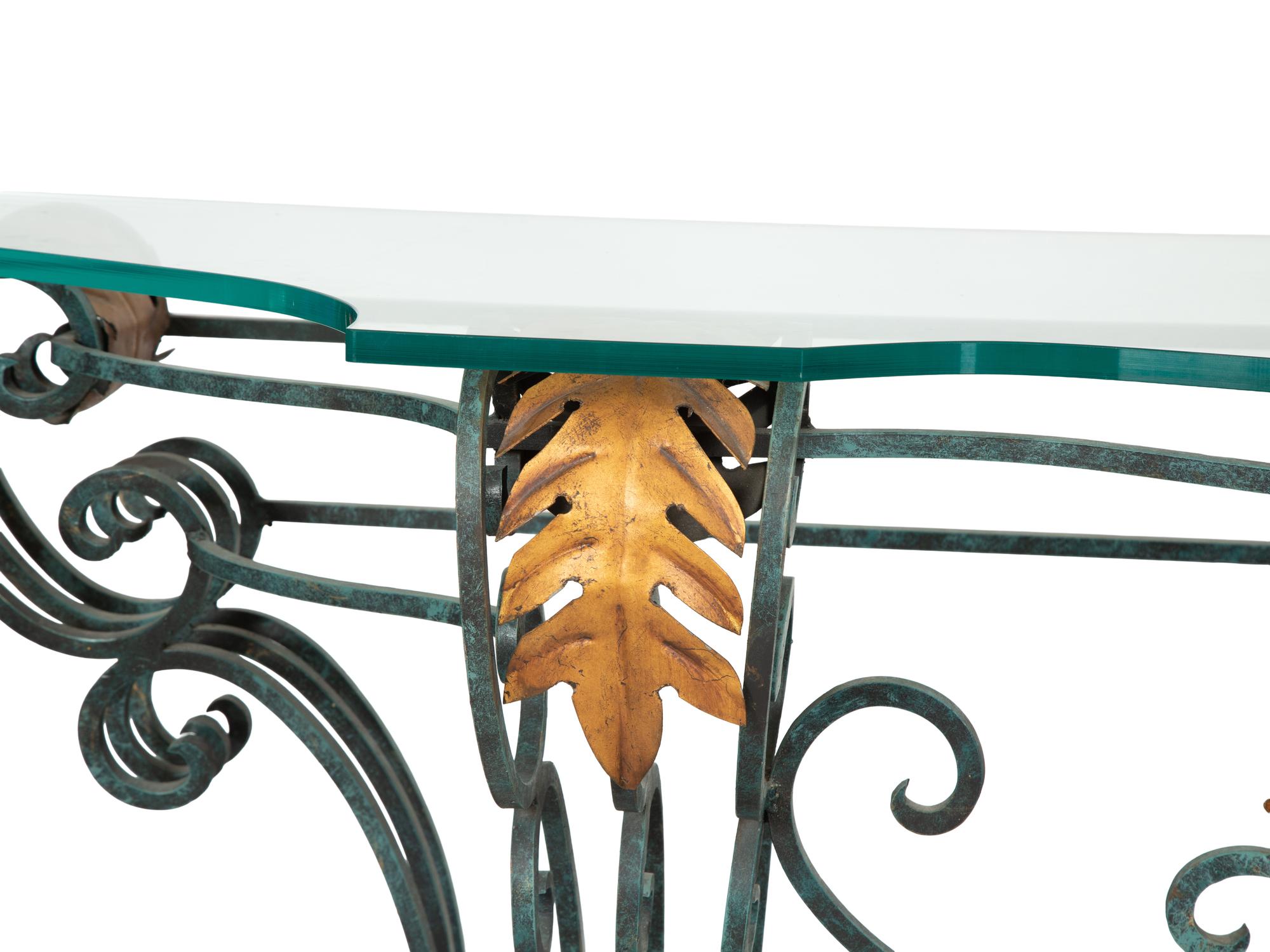 A Painted and Parcel Gilt Wrought Iron Glass-Top Console Table