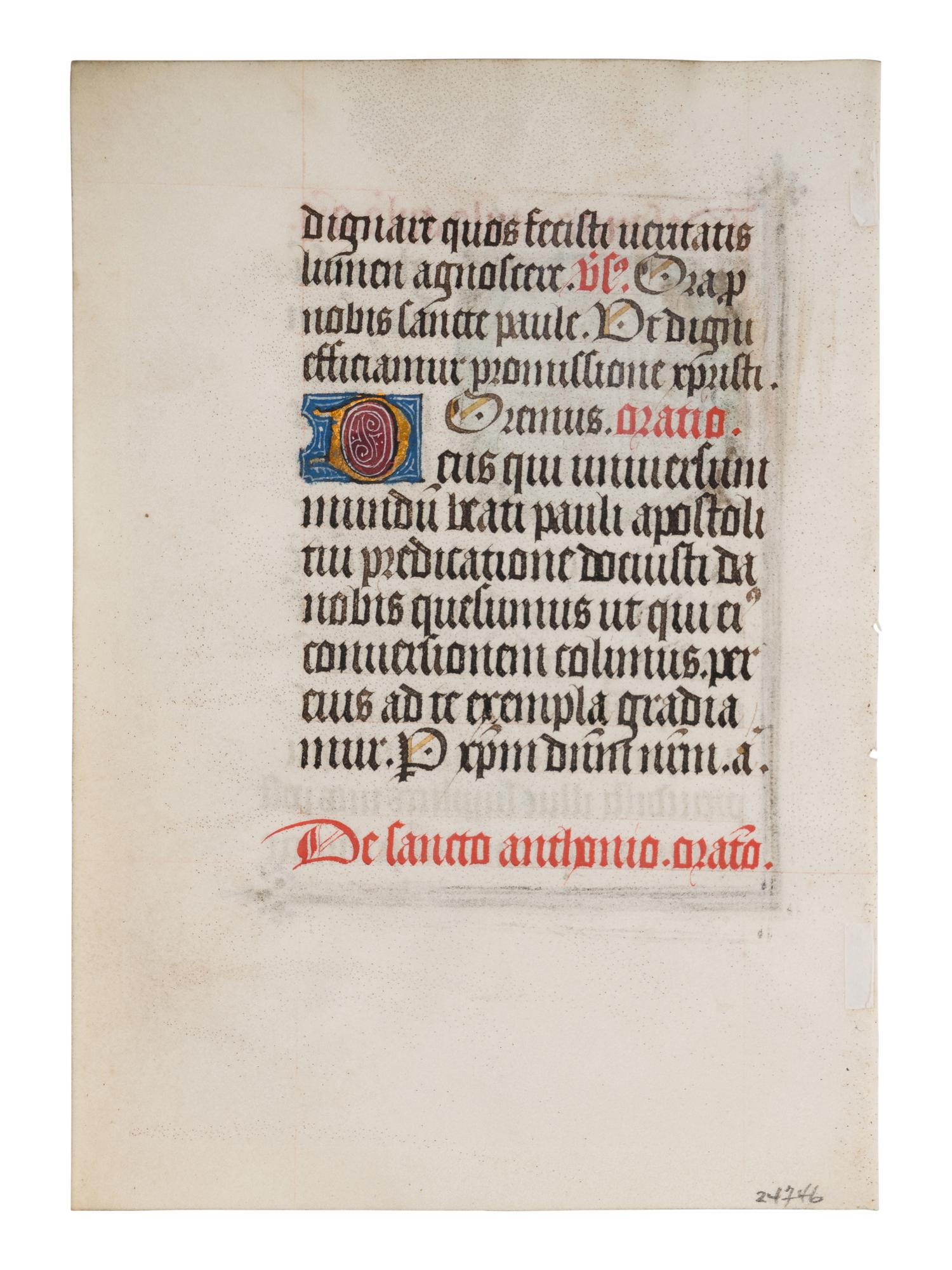 WORKSHOP OF WILLEM VRELANT (active Bruges, c. 1454-1481) A leaf from a Book of Hours, including a historiated initial ‘O’ of St. Paul, in Latin, illuminated manuscript on parchment [Flanders, Bruges, c. 1470-1480]