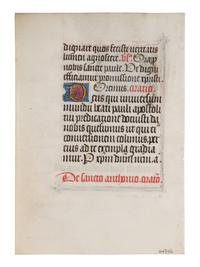 WORKSHOP OF WILLEM VRELANT (active Bruges, c. 1454-1481) A leaf from a Book of Hours, including a historiated initial ‘O’ of St. Paul, in Latin, illuminated manuscript on parchment [Flanders, Bruges, c. 1470-1480]