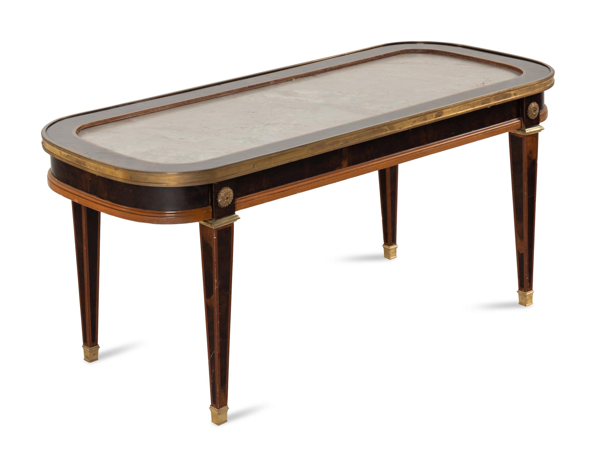 A Louis XVI Style Gilt Bronze Mounted Walnut and Marble-Inset Low Table