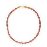 High Karat Yellow Gold, Coral and Sapphire Bead Necklace
