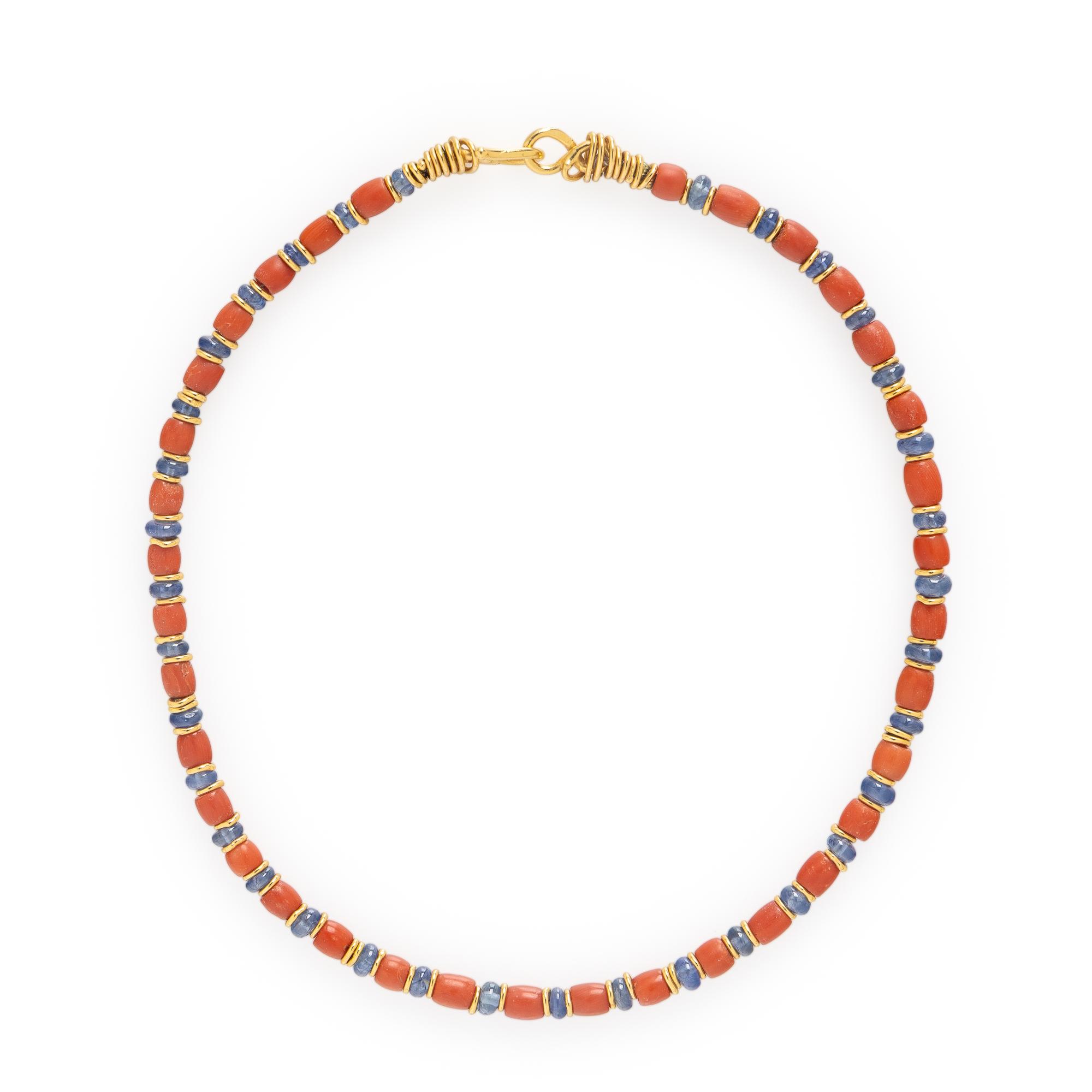 High Karat Yellow Gold, Coral and Sapphire Bead Necklace