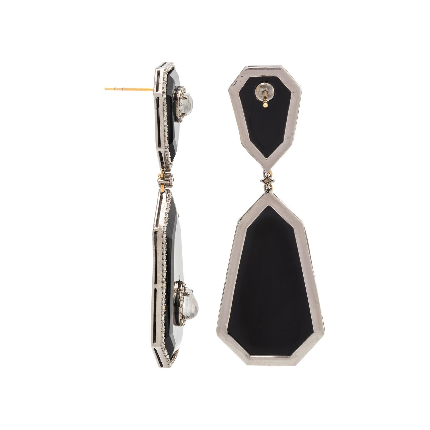 BLACK ONYX, MOONSTONE AND DIAMOND EARRINGS